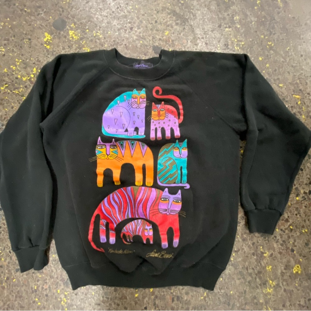 Laurel Burch Black Sweatshirt with Colorful Stacked Cat Motif
